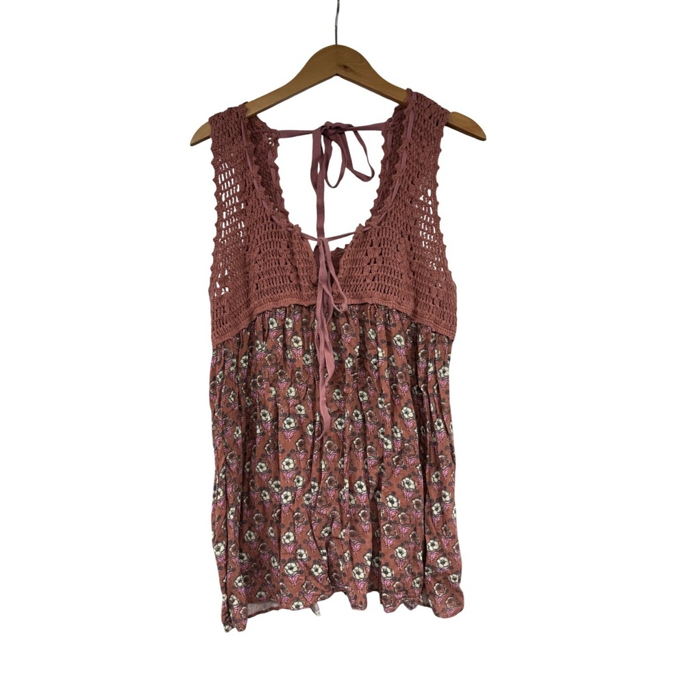 Free People Womens Floral Crochet Lace Up Boho Western Tank Top Mauve Small